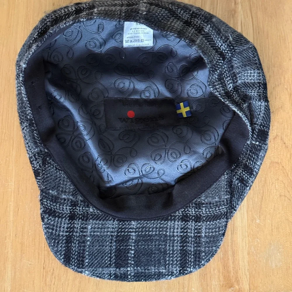 Wigens Swedish Wool Plaid Newsboy Cap Grey Sz 62 XXL Flat Hat Ivy Dark Academia